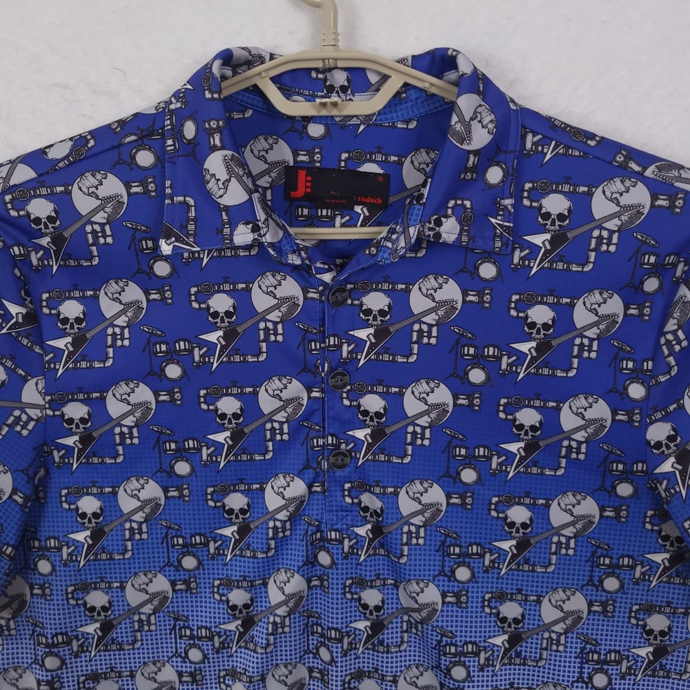 Jamie Sadock Polo Shirt Men Large Blue Rock Skulls Guitar Ombre Golf Performance